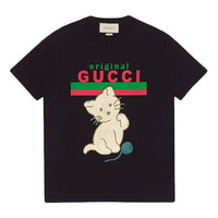 (WMNS) Gucci Cat Alphabet Cartoon Round Neck Pullover Short Sleeve Black 615044-XJCRG-1082