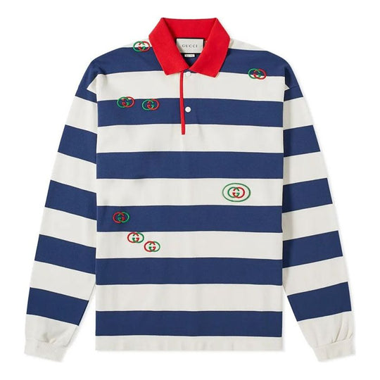 Gucci Men s Long Sleeve Striped Logo Polo Shirt Blue 573265-XJA6H-4594