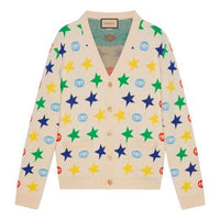 Men's Gucci FW21 Double G Star Full Print Jacquard V Neck Wool Cardigan White 663454-XKBXY-9275