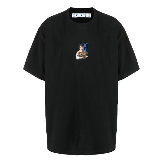 Off-White 21SS Painting Blue Arrow Cartoon Short Sleeve Loose Fit Black OMAA038S21JER0071040