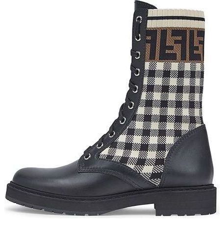 (WMNS) FENDI Black leather biker boots with stretch fabric 'Black White' 8T6780AD7AF1BPG