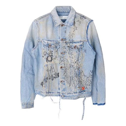 Men's Off-White Graffiti Denim Blue Jacket OMYE049F193860441428