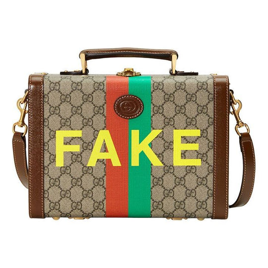 Gucci Fake Not Series Alphabet Stripe Printing Logo Leather Logo Canvas handbag Unisex / Brown 633587-2GCAG-8280