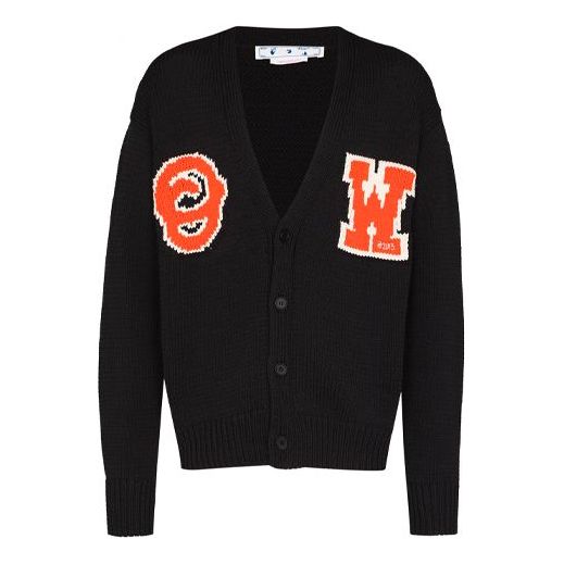 Off-White Logo Intarsia V neck single breasted Knit Cardigan Loose Fit Black OMHB014C99KNI0011020