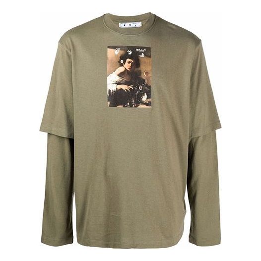 Men's Off-White Caravaggio Boy Printing Long Sleeves Loose Fit Military Green T-Shirt OMAB066F21JER0075584