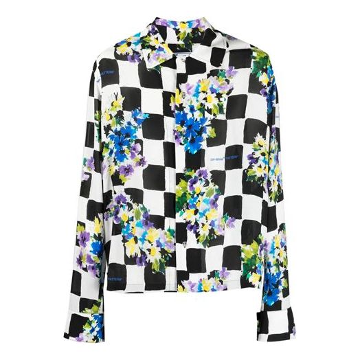 Off-White SS21 Flowers Printing Plaid lapel Long Sleeves Shirt Slim Fit Version Black OMGA161S21FAB0028400