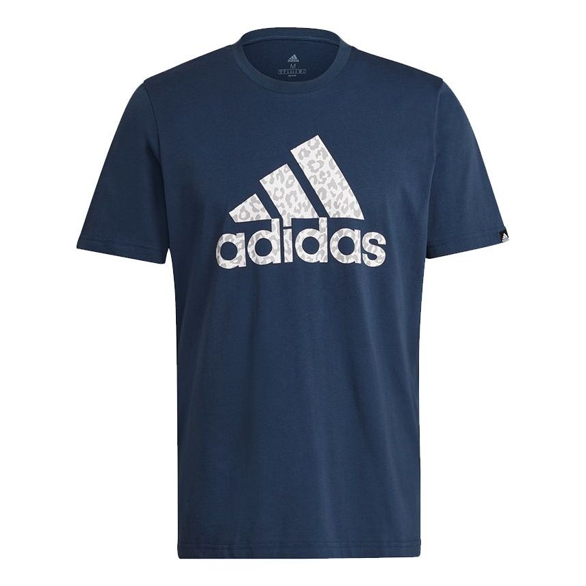 adidas M Leo Lg T Leopard print Logo Printing Sports Round Neck Short Sleeve Navy Blue GL2397