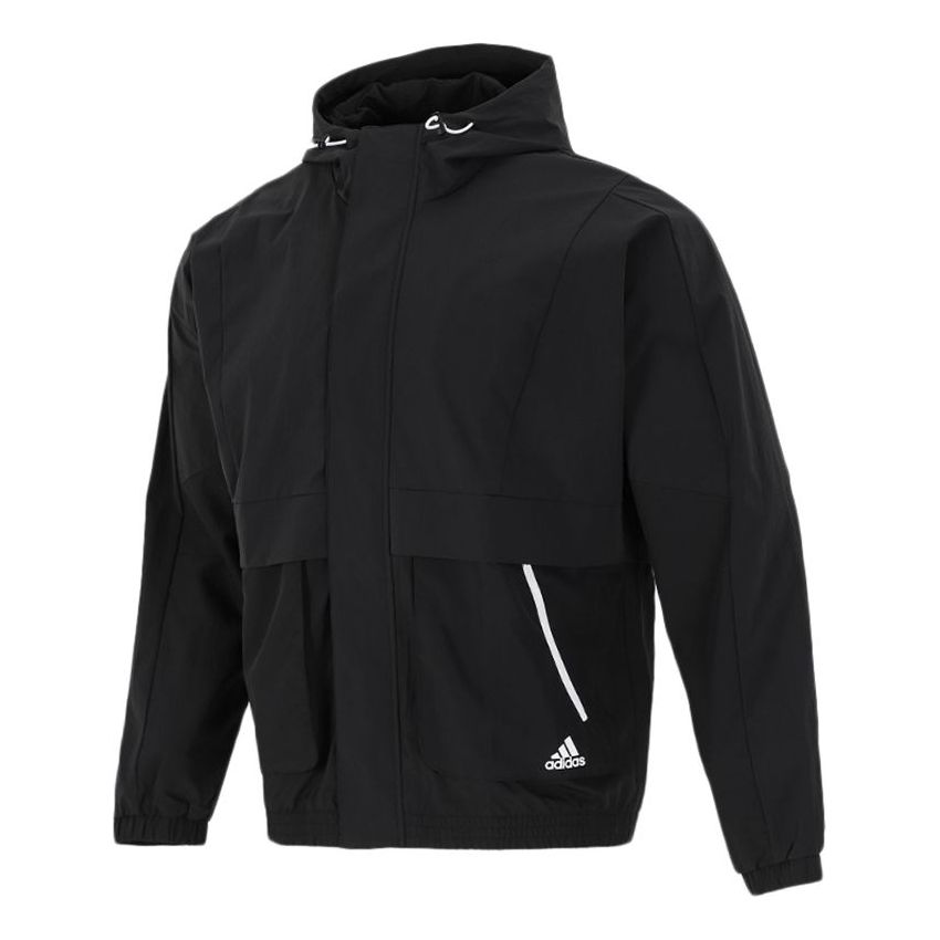 Men's adidas Loose Logo Casual Woven Windproof Hooded Jacket Autumn Black H40211
