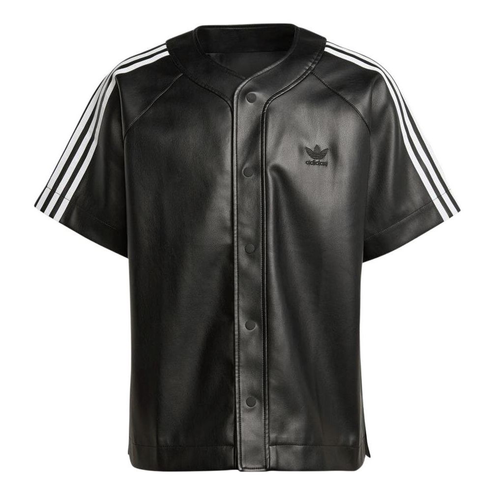 adidas Faux Leather Adicolor 3-Stripes Baseball Shirt Asia Sizing 'Black' IZ4048