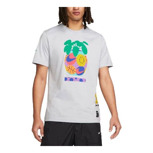 Men's Nike Smiling Face Pattern Printing Logo Breathable Round Neck Short Sleeve Gray T-Shirt DQ1886-012