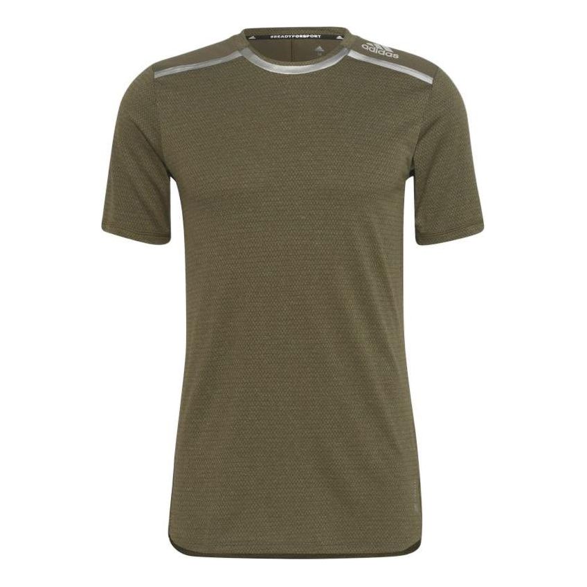 Men's adidas Solid Color Logo Printing Round Neck Slim Fit Short Sleeve Olive Green T-Shirt HE5443