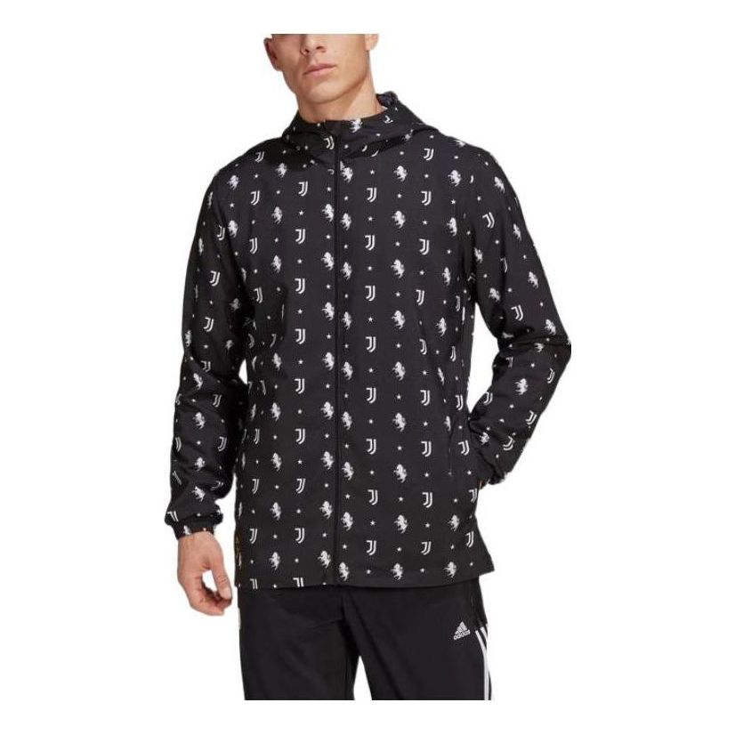 Men's adidas SS22 Solid Color Logo Full Print Long Sleeves Hooded Jacket Black HB6013
