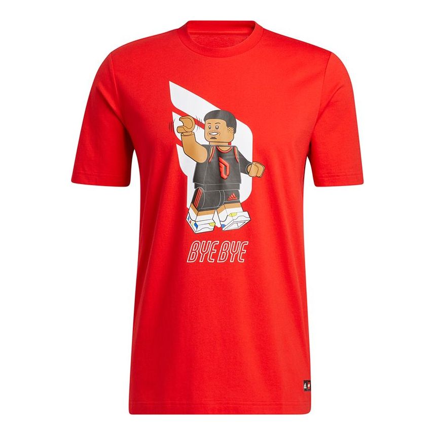 Men's adidas x LEGO Crossover Dame Ss Damian . Lillard Funny Blocks Printing Basketball Sports Short Sleeve Red T-Shirt HA7056