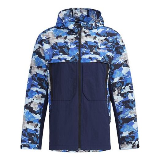 adidas Terrex Festiv Aop Wb Outdoor Sports Camouflage Splicing Hooded Jacket Blue GN7595