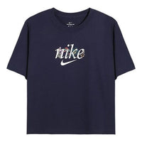 (WMNS) Nike Sportswear Flowers Embroidered Sports Short Sleeve Dark Blue T-Shirt DD1457-451