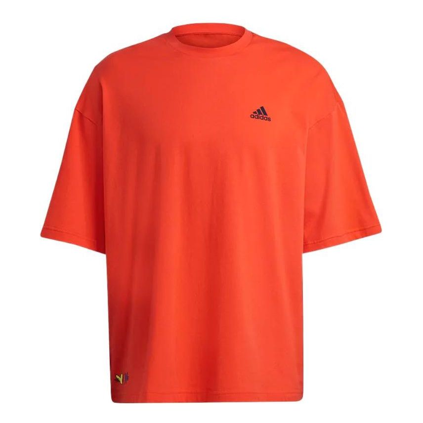 adidas Solid Color Logo Athleisure Casual Sports Round Neck Short Sleeve Couple Style Fluorescence Red H61131