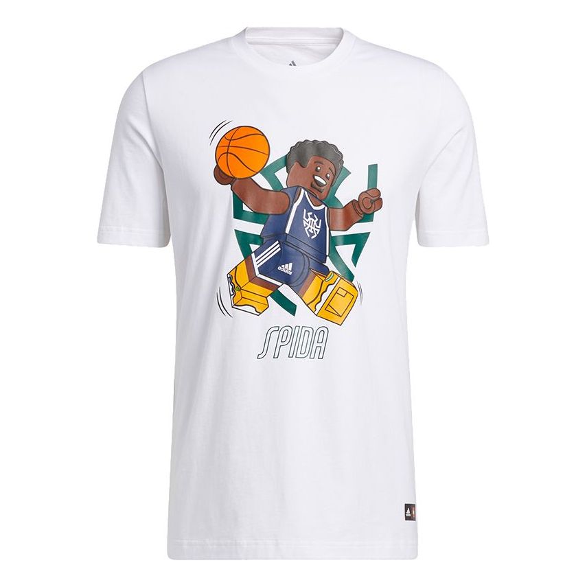 Men's adidas x LEGO Crossover Dame Ss . Mitchell Funny Blocks Printing Basketball Sports Short Sleeve White T-Shirt HA7057