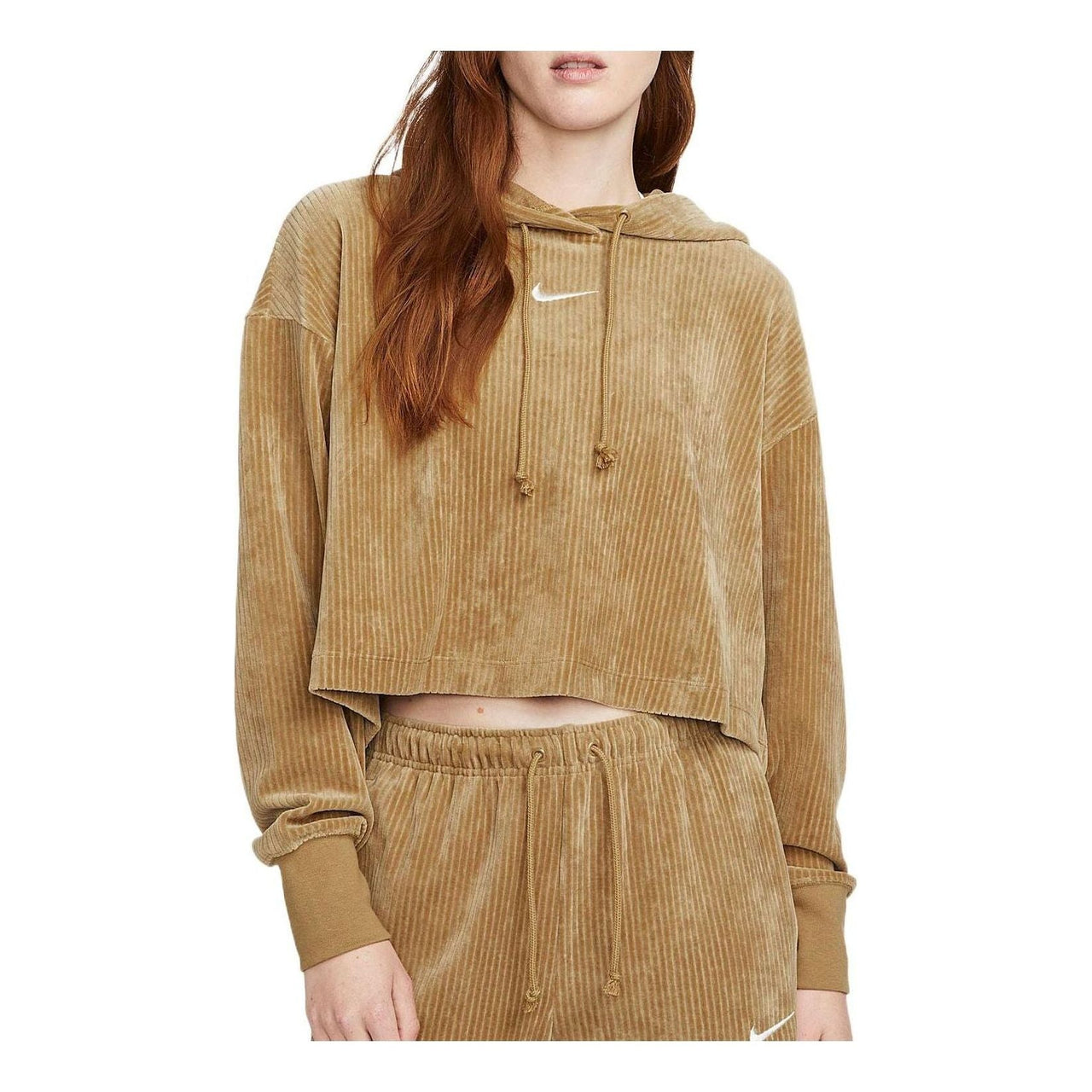 (WMNS) Nike Sportswear Velour Cropped Pullover Hoodie 'Tan' DQ5928-258