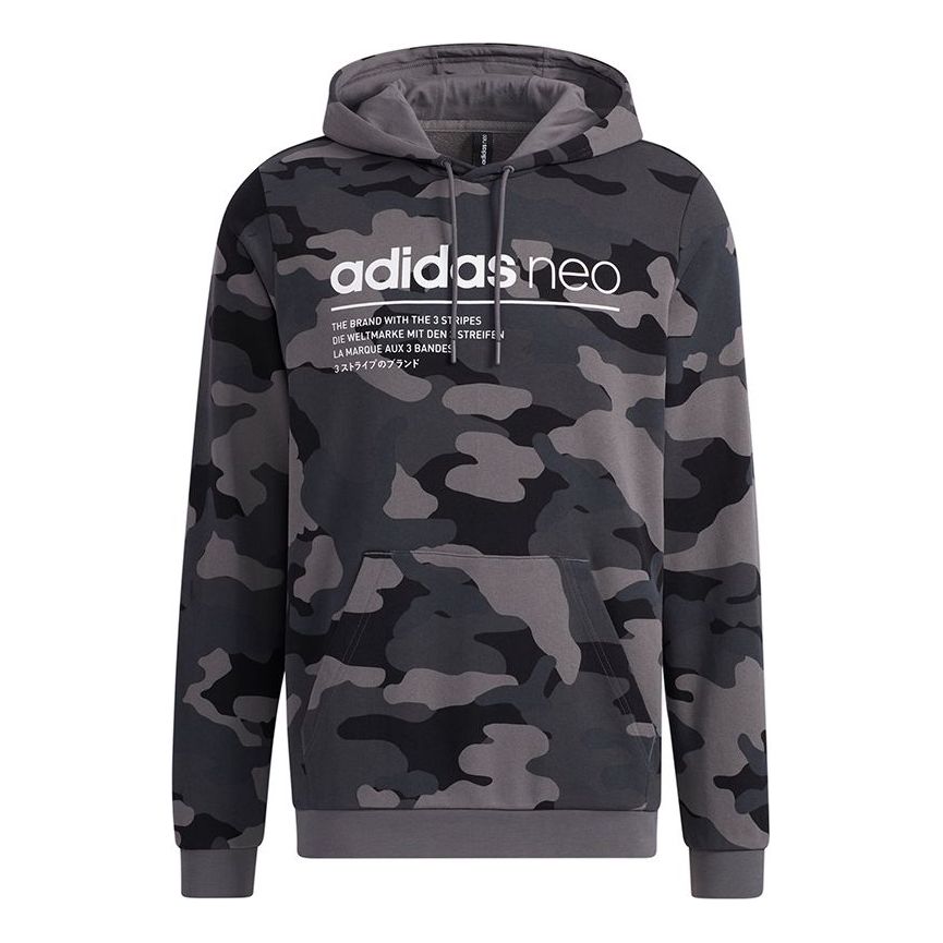 Men's adidas neo Sw Camo Hdy Logo Printing Camouflage Sports Pullover Black HA1490