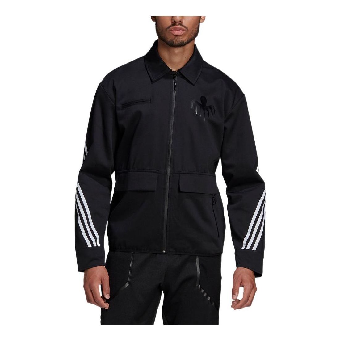 Men's adidas Stripe Printing Logo Zipper Lapel Long Sleeves Jacket Black GN6807