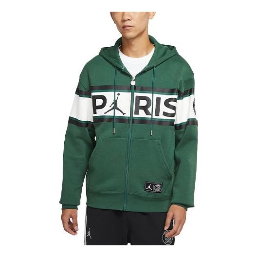 Men's Air Jordan Paris Saint-Germain Alphabet Printing Colorblock Fleece Hooded Sports Jacket Green DB6482-333