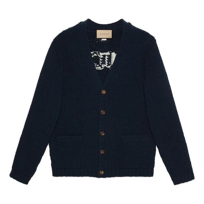 Gucci Knit Wool Cardigan With Gucci Intarsia 'Dark Blue' 761541-XKDK4-4492