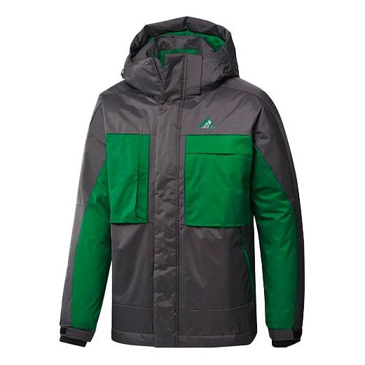 adidas Logo Pattern Splicing Design Loose Long Sleeves Down Jacket Black Green GF0077