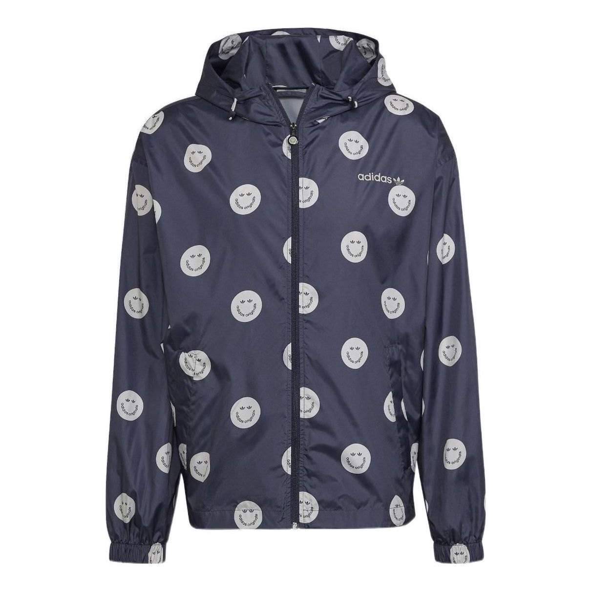 Men's adidas originals Smiling Face Full Print Casual Hooded Track Jacket Deep Navy Blue HN0394