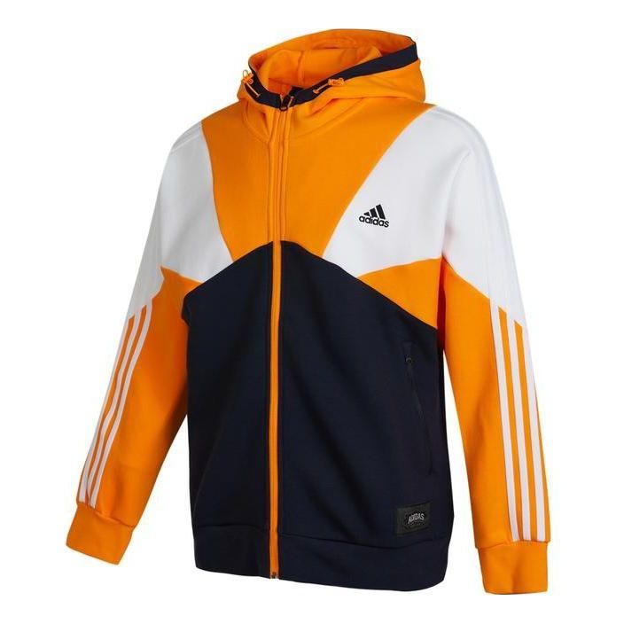 Men's adidas Stripe Splicing Logo Printing Zipper Hooded Jacket Autumn Black HE7471