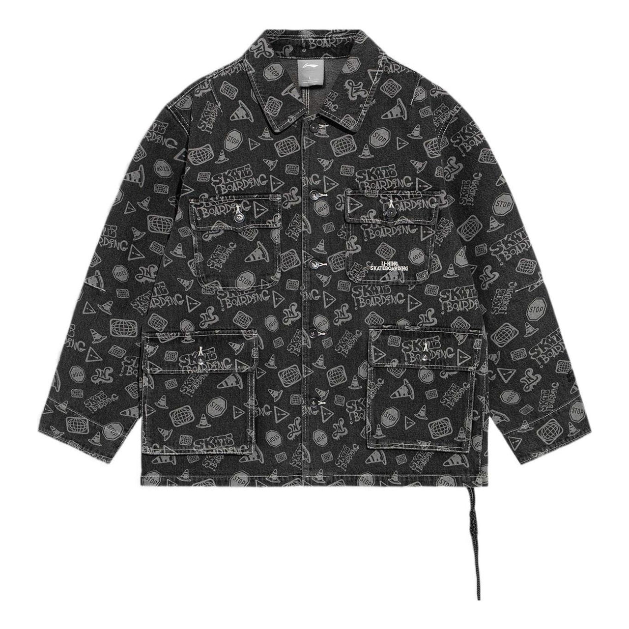 Li-Ning Skateboard Series Full Print Loose Washed Denim Jacket 'Black Grey' AJDS047-4