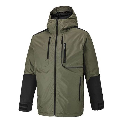 Men's adidas Contrasting Colors Hooded Stay Warm Down Jacket Dark Olive Green HE3689
