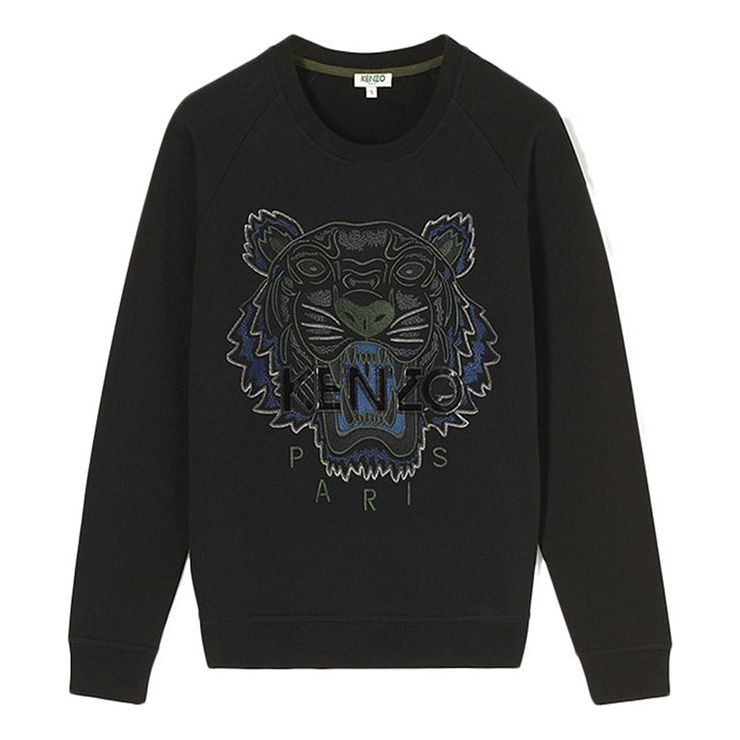 KENZO Cotton Embroidered Tiger Head Round Neck Long Sleeves Black F762SW7144XD-99