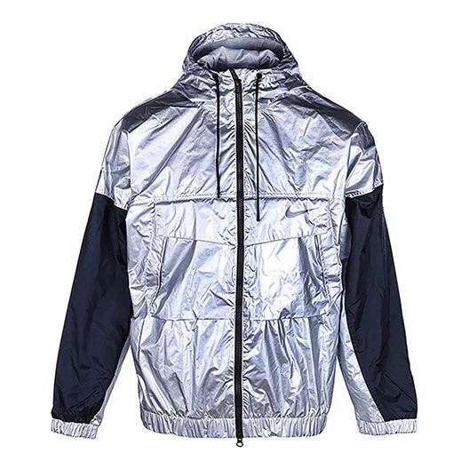 Men's Nike Contrast Color Stitching Hooded Windproof logo Sports Jacket Silver DD2886-095
