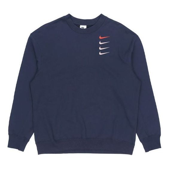 Men's Nike French Terry Swoosh 4 Embroidered Round Neck Sports Pullover Autumn Navy Blue DB9408-451