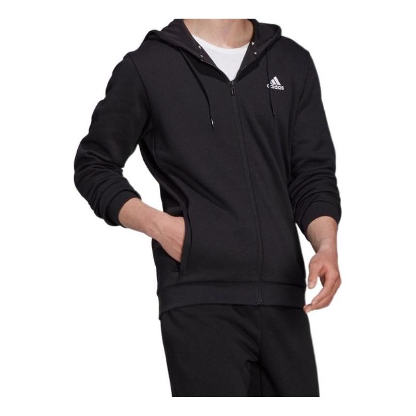 adidas M Sl Dk Fz Hd Embroidered Logo Sports Knit Hooded Jacket Black HB5081