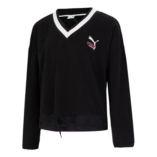 (WMNS) PUMA Logo V neck Sweatshirt 'Black' 537524-01