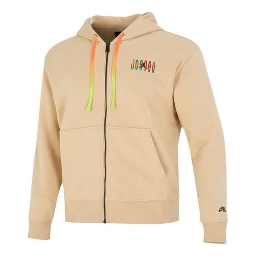 Men's Nike Printing Alphabet Zipper Hooded Running Fitness Training Jacket Khaki DQ7565-252