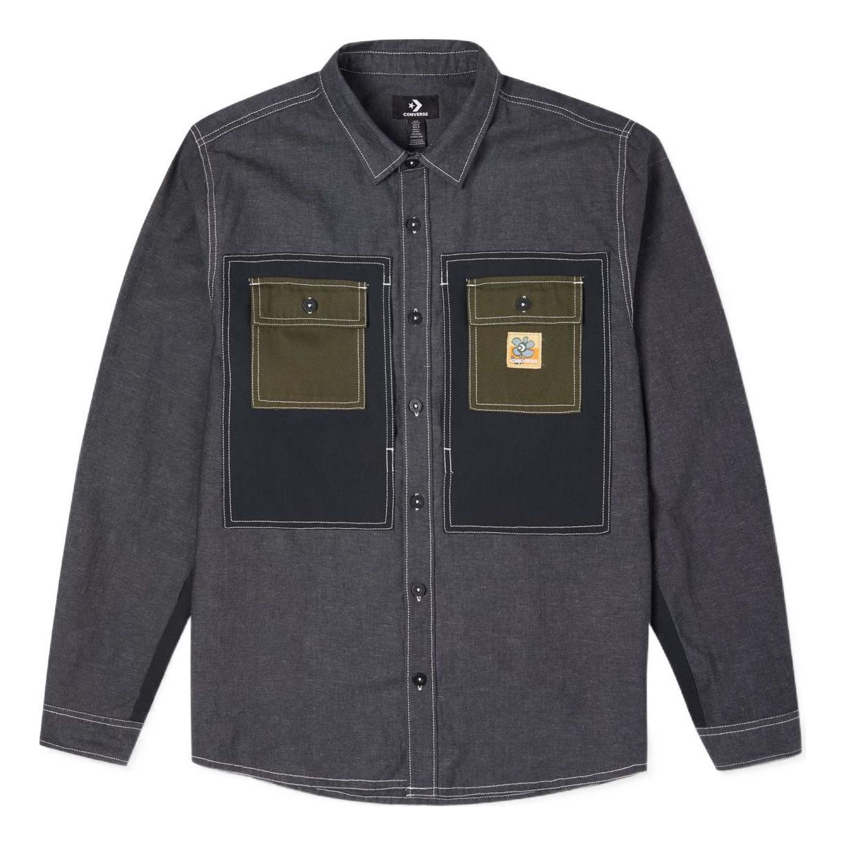 Men's Converse Flowers Small Logo Retro Splicing Contrasting Colors Woven Shirt Jacket Dark Black 10024167-A02