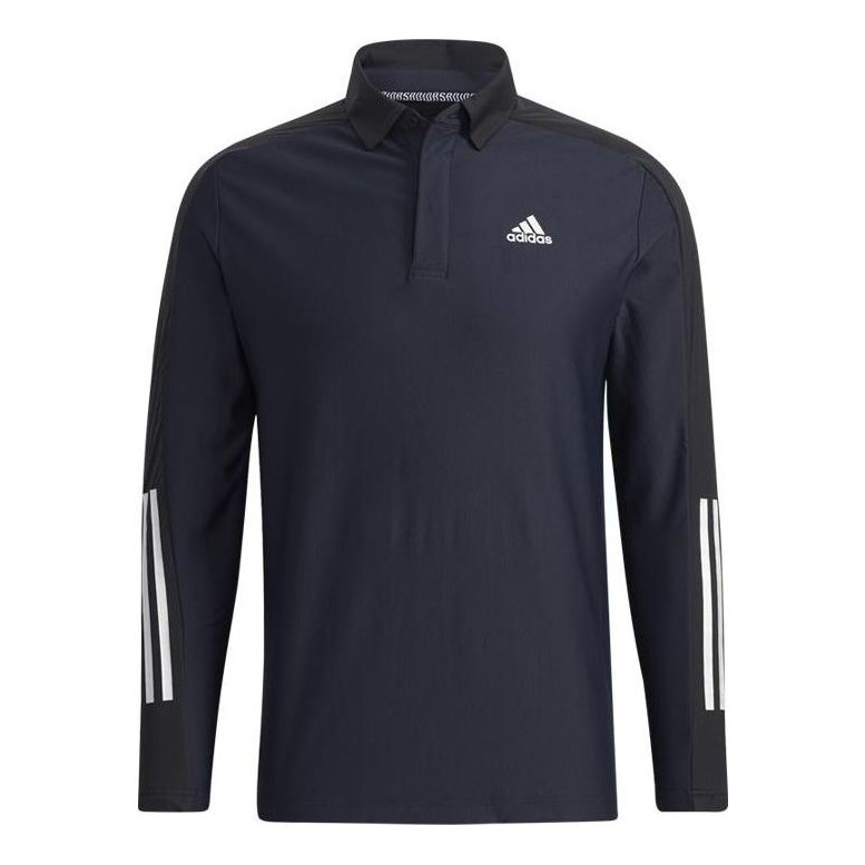 adidas Solid Color Logo Stripe Fleece Lined Golf Sports Long Sleeves Polo Shirt Black GT3424