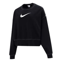 (WMNS) Nike Sportswear Swoosh Logo Embroidered Loose Knit Short Round Neck Pullover Black Hoodie DO7212-010