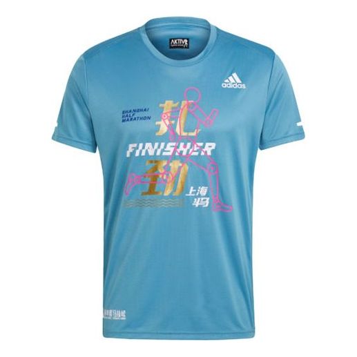 adidas Finisher T Word Printing Running Sports Short Sleeve Blue H41325