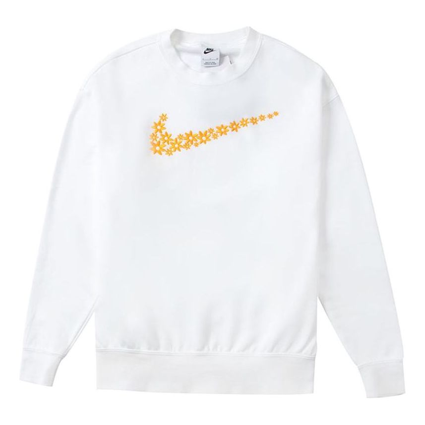(WMNS) Nike Solid Color Flower Logo Casual Round Neck Pullover White Hoodie DM6310-100