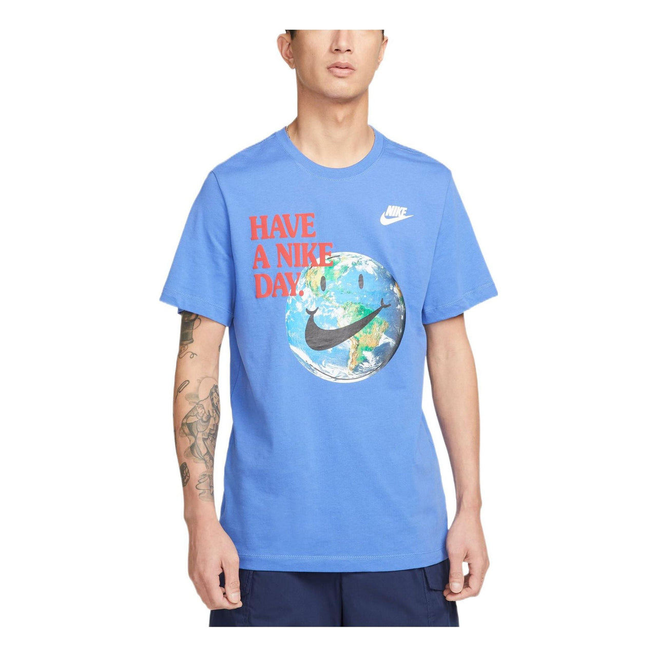 Men's Nike Earth Pattern Logo Printing Round Neck Short Sleeve Light Racing Blue T-Shirt DM6332-432