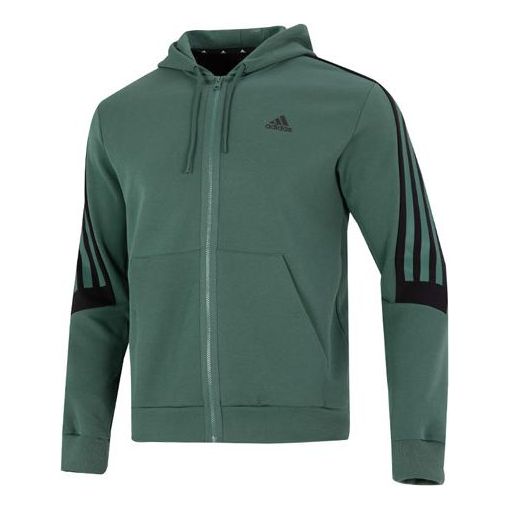 Men's adidas Stripe Logo Athleisure Casual Sports Knit Hooded Jacket Autumn Green HC5841