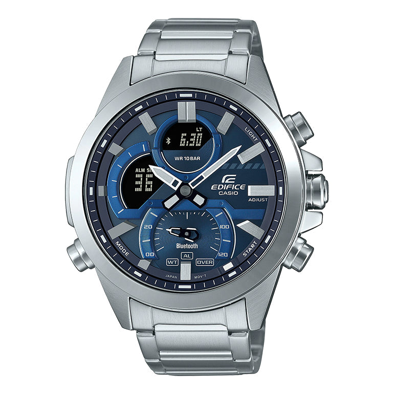 Men's CASIO edifice Series 2022 Luminous Stainless Steel Silver Strap Dial 100m Waterproof Watch Mens Blue Analog ECB-30D-2A