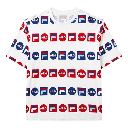 FILA Logo Full Print Sports Loose Round Neck Short Sleeve White F51M128154F-WT