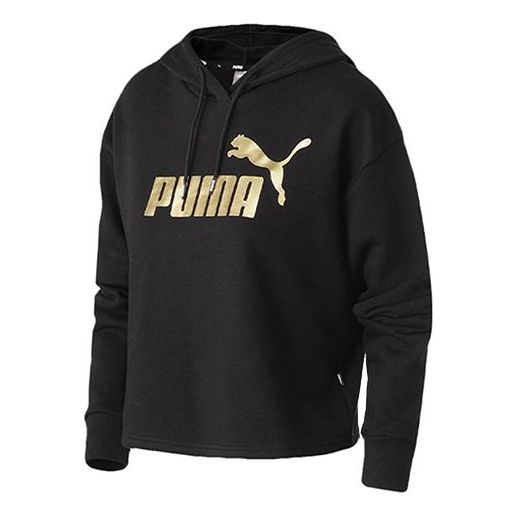 (WMNS) PUMA Essentials+ Cropped Metallic Logo Fleece Hoodie 'Black Gold' 586922-56