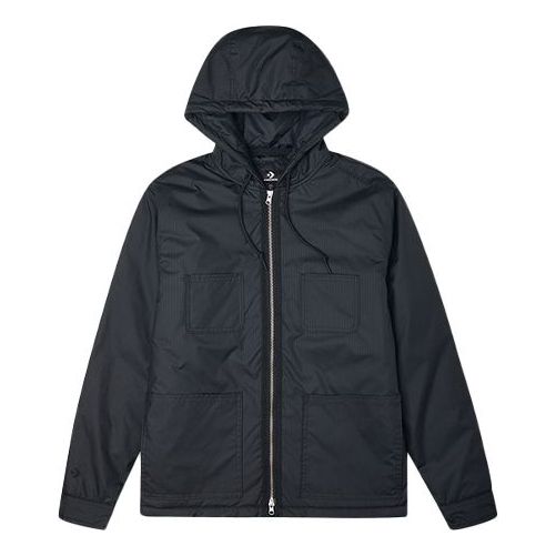 Men's Converse Casual Sports Cargo Hooded Long Sleeves Padded Black Jacket 10021637-A01