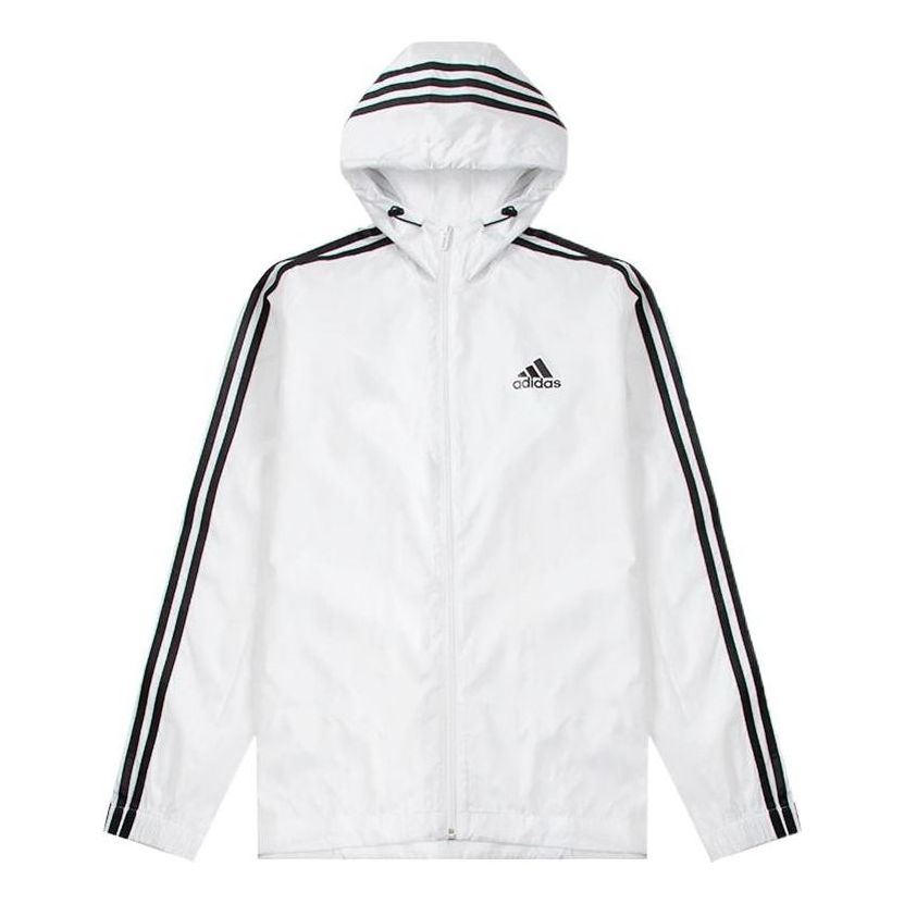 adidas Stripe Logo Micro Mark Printing Sports Training Hooded Jacket White HE4320