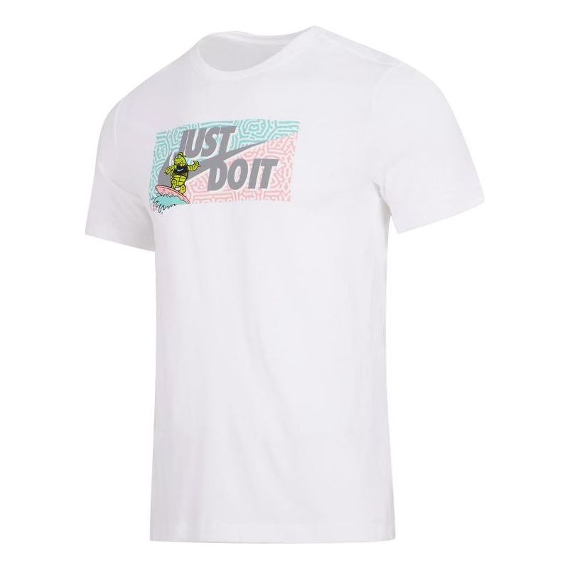 Men's Nike Square Brand Logo Cartoon Printing Round Neck Casual Short Sleeve White T-Shirt DQ1088-100